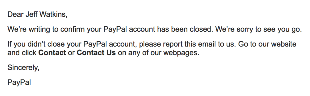 email confirmation of closed paypal account